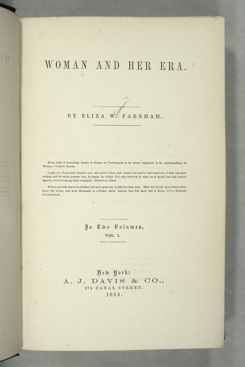 Eliza Wood Farnhamin (1815-64) Naiset ja hänen aikansa otsikkosivu, julkaistu New Yorkissa, 1864 (painettu) tekijältä American School