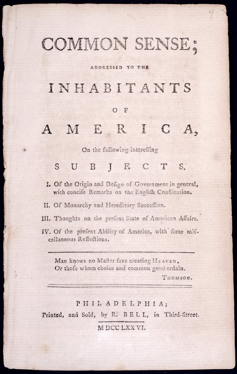Thomas Painen (1737-1809) 1776 (painettu) otsikkosivu maalaisjärkeen tekijältä American School