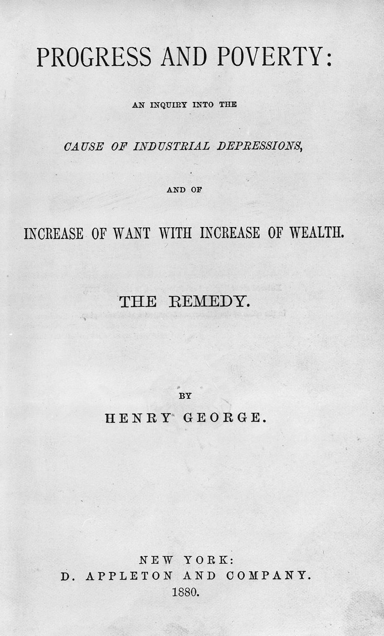 Nimisivu Henry Georgen Progress and Poverty -julkaisuun, julkaistu vuonna 1880 (painettu) tekijältä American School