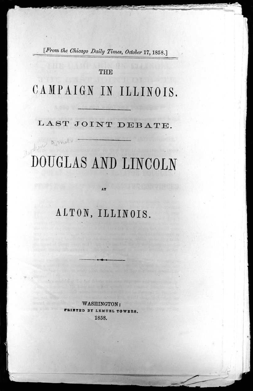 Otsikkosivu kampanjaan Illinoisissa: Viimeinen yhteinen keskustelu, painettu 1858 tekijältä American School