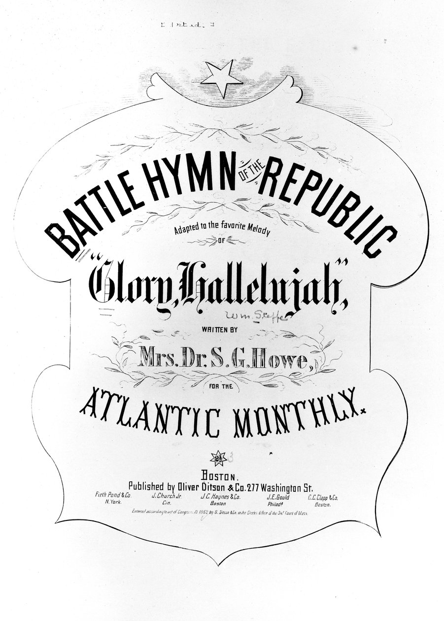 Julia Ward Howen (1819-1910) kirjoittaman Tasavallan taisteluhymnin otsikkosivu 1862 tekijältä American School