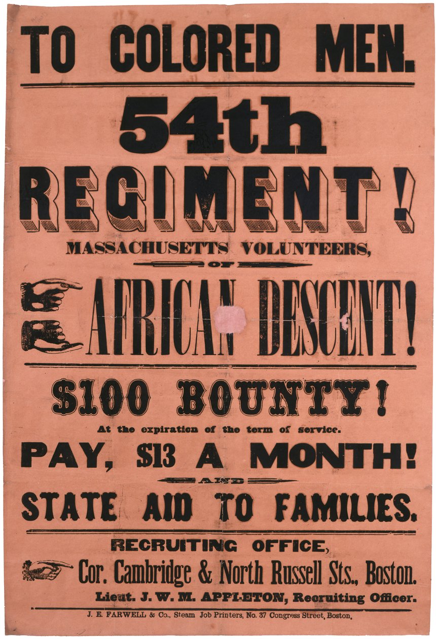 Värillisille miehille. 54. rykmentti! Massachusetts Volunteers, afrikkalaissyntyinen, 1863 tekijältä American School