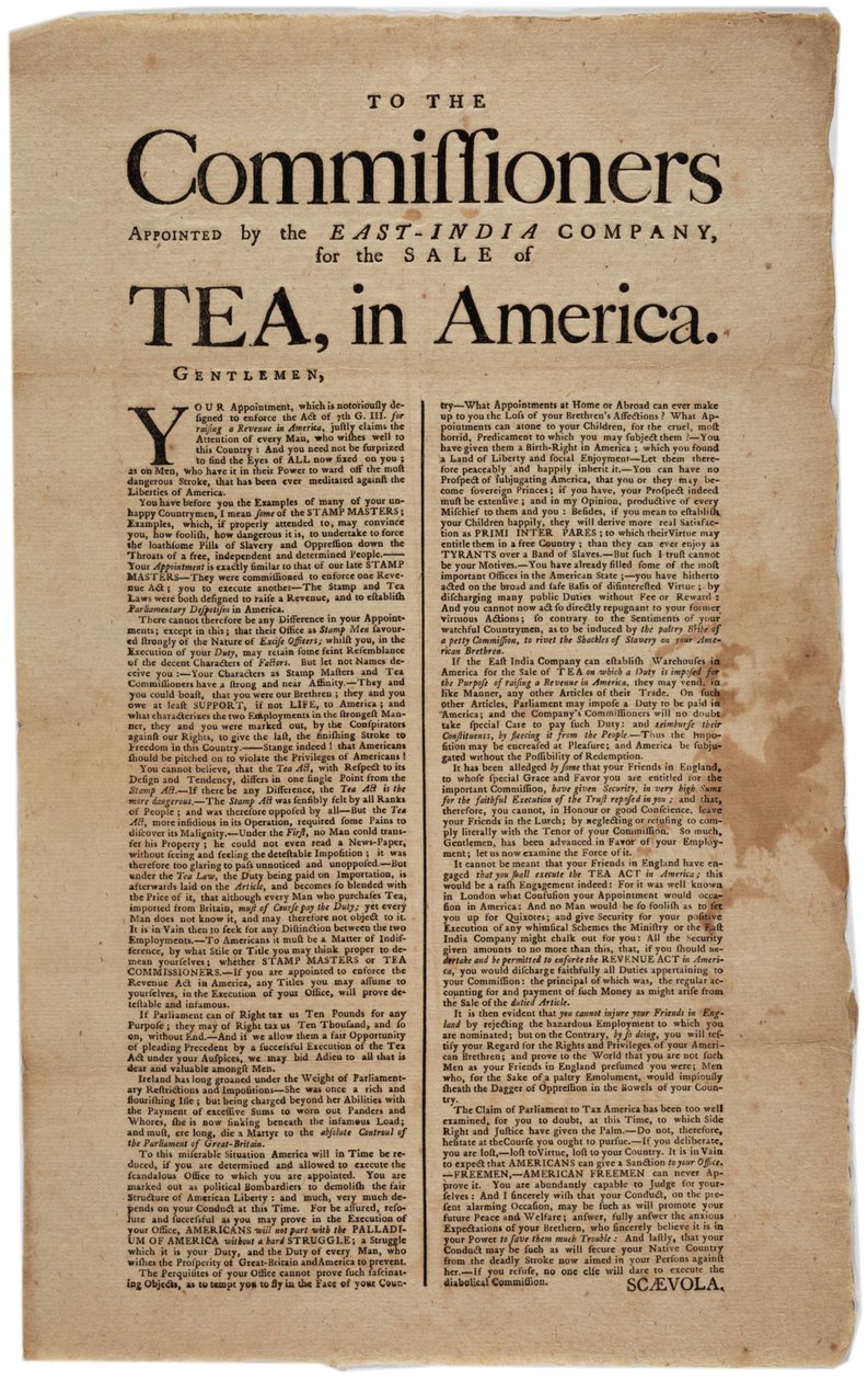 East-India Companyn nimittämille komission jäsenille teen myyntiä varten Amerikassa, allekirjoitettu Scaevola, 1773 tekijältä American School