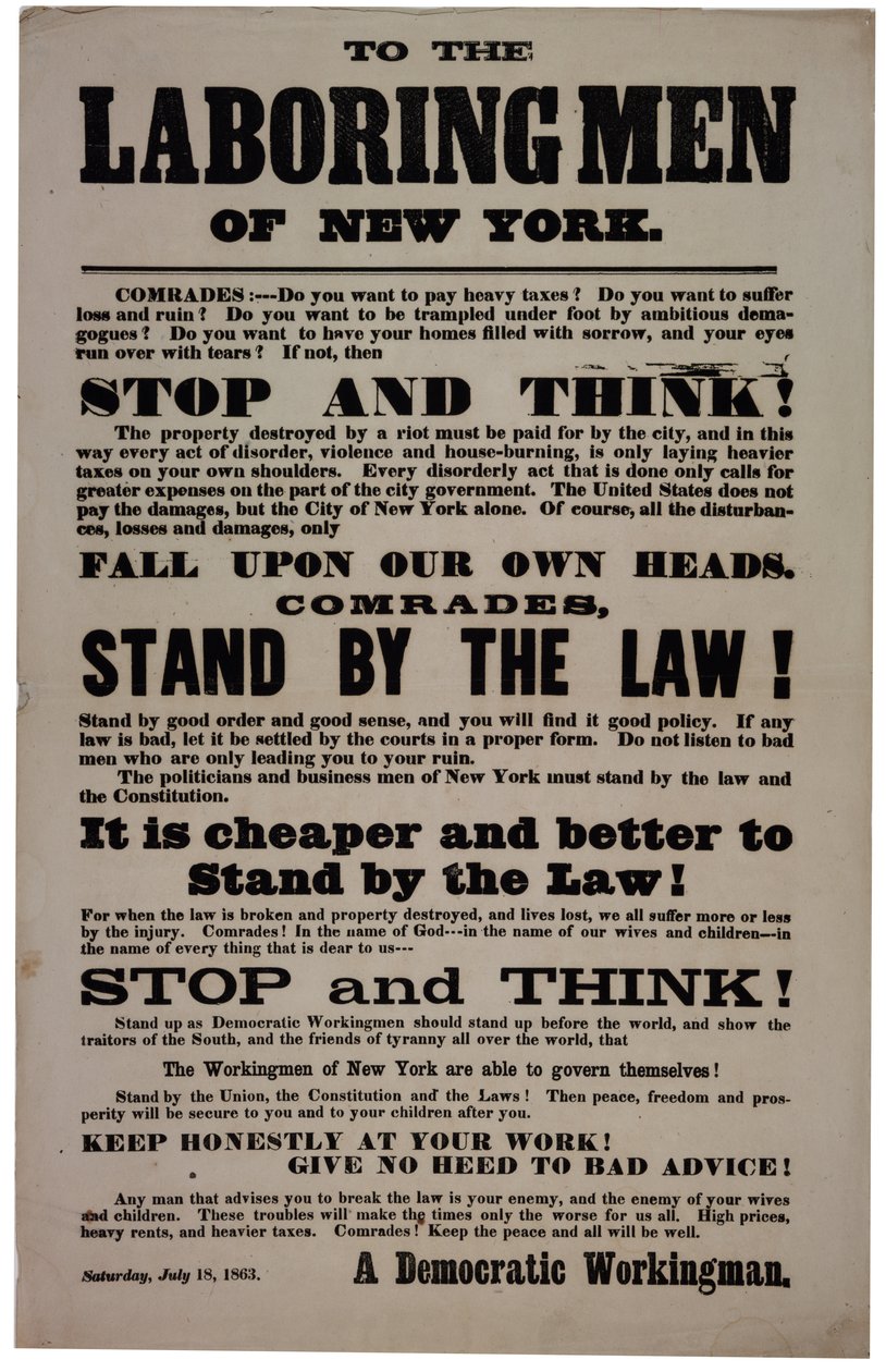 New Yorkin työväenmiehille, 18. heinäkuuta 1863 tekijältä American School