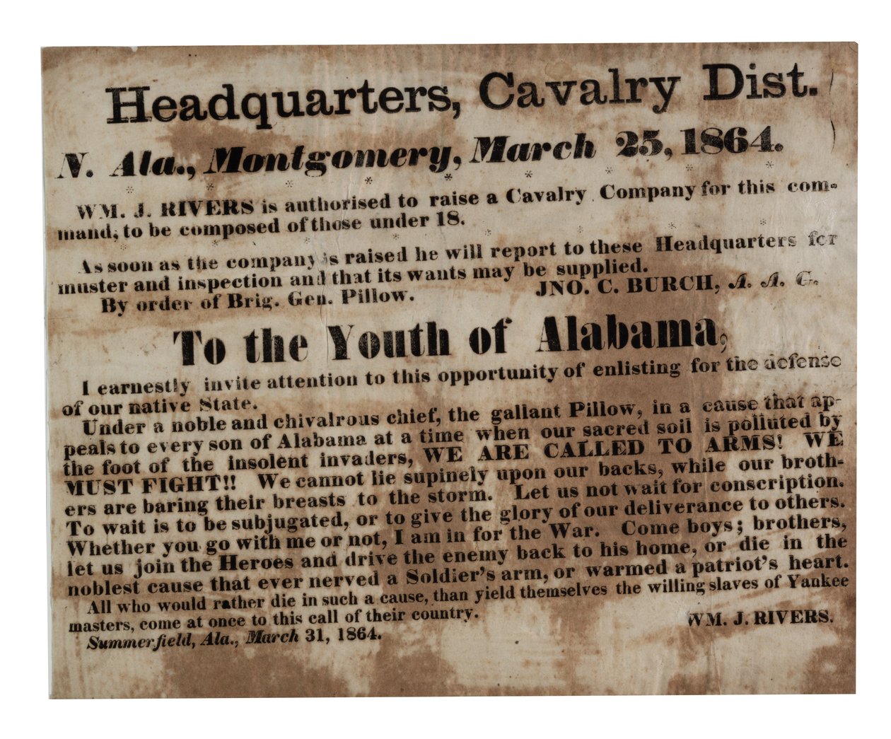 Alabaman nuorille: Kutsumme aseisiin! (rekrytointi sivuilla), 25. maaliskuuta 1864 tekijältä American School