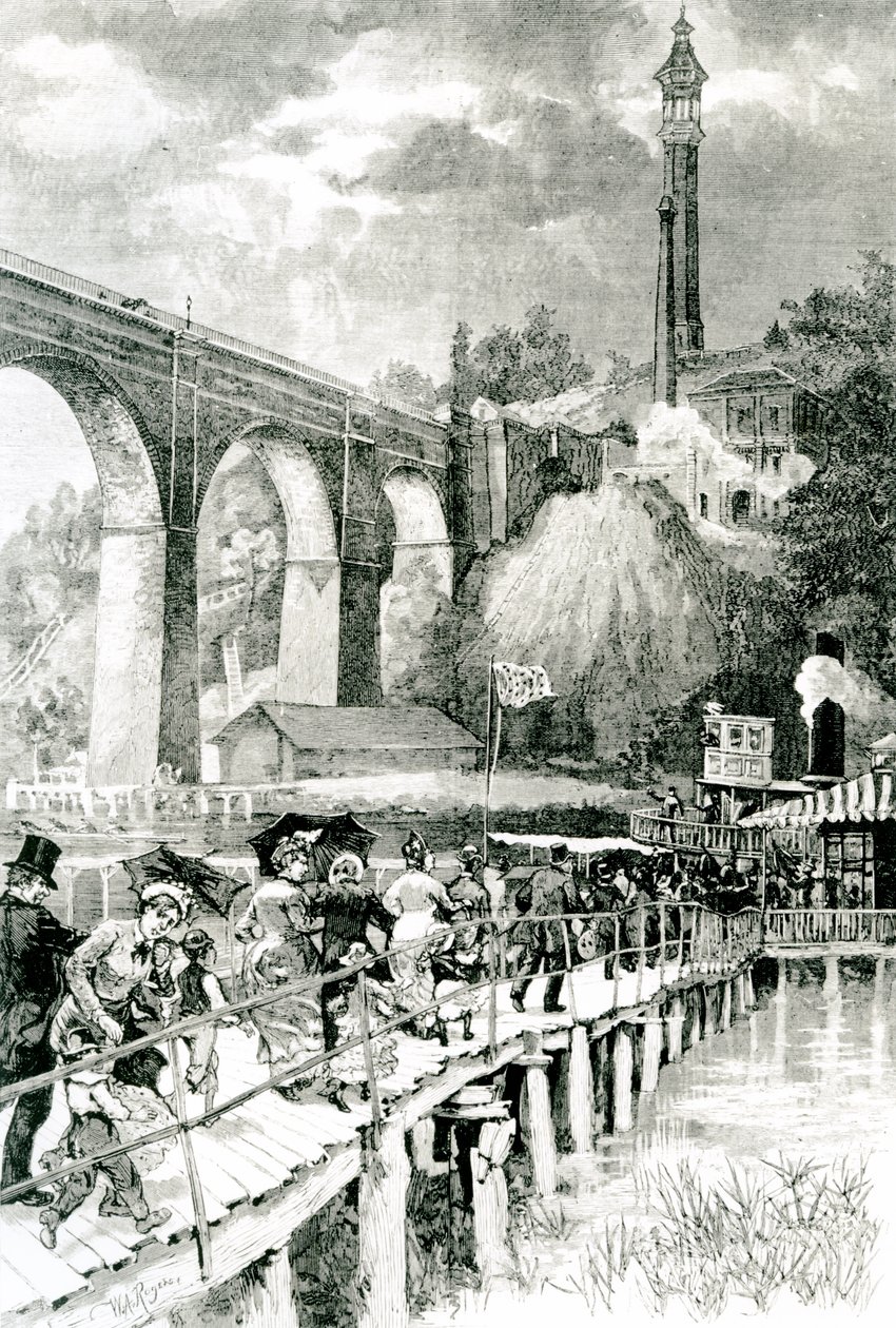 Turistit palaavat höyrylaivaansa Harlem-joella, High Bridge vasemmalla, kaiverrus W.A Rogers Harpers Weeklylle, 24. heinäkuuta 1880 tekijältä American School
