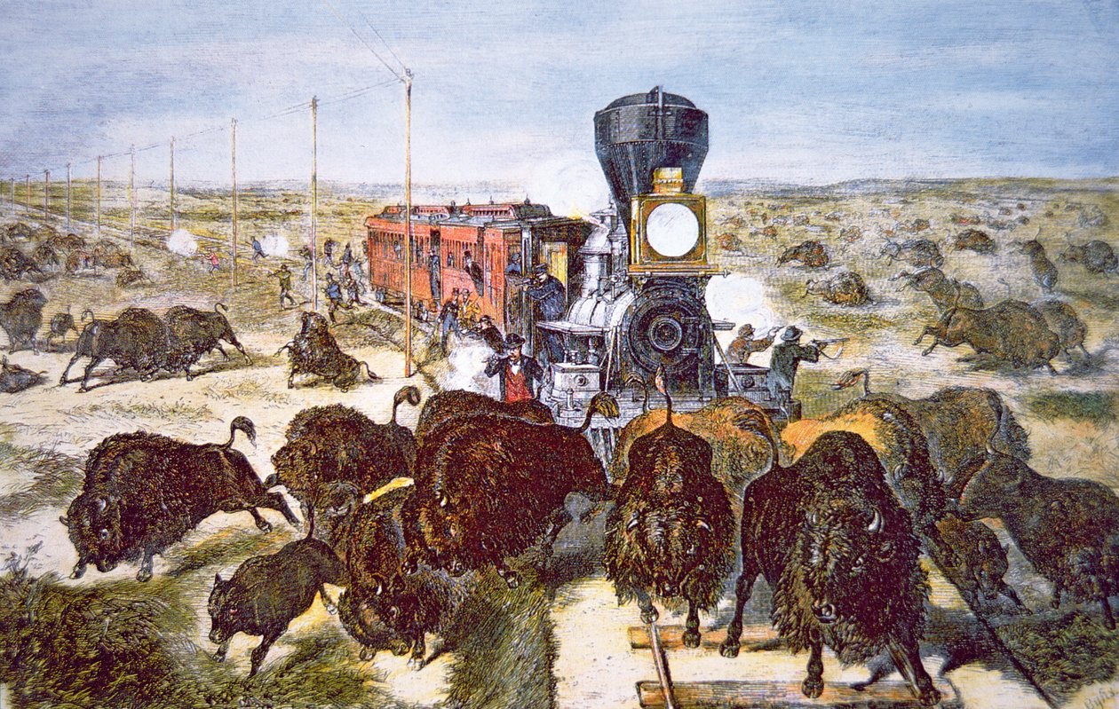 Juna matkustajia Kansas Pacific Railroadilla ampumassa puhveleita urheilun vuoksi 1870-luvulla (värilitho) tekijältä American School