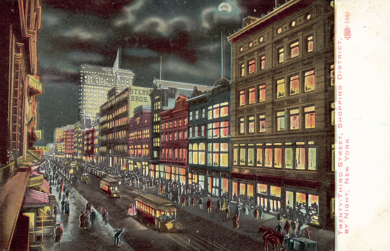 Twenty-Third Streetin ostoskortteli, New York, yöllä (värilitografia) tekijältä American School