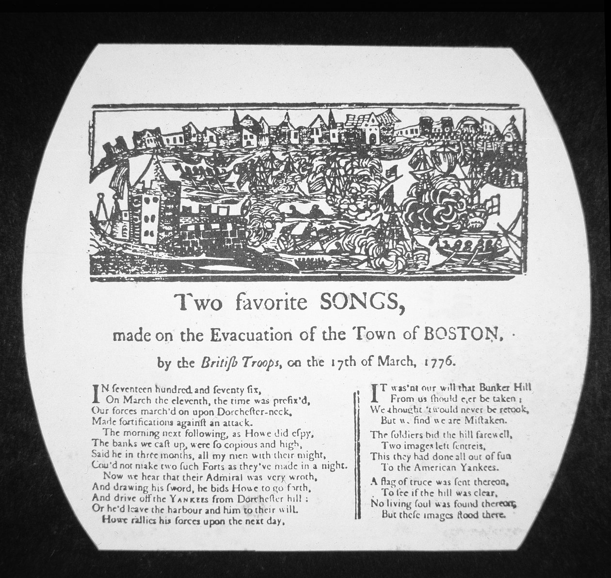 Kaksi suosikkikappaletta, jotka brittijoukot tekivät Bostonin evakuoinnissa 17. maaliskuuta 1776 (kaiverrus) tekijältä American School