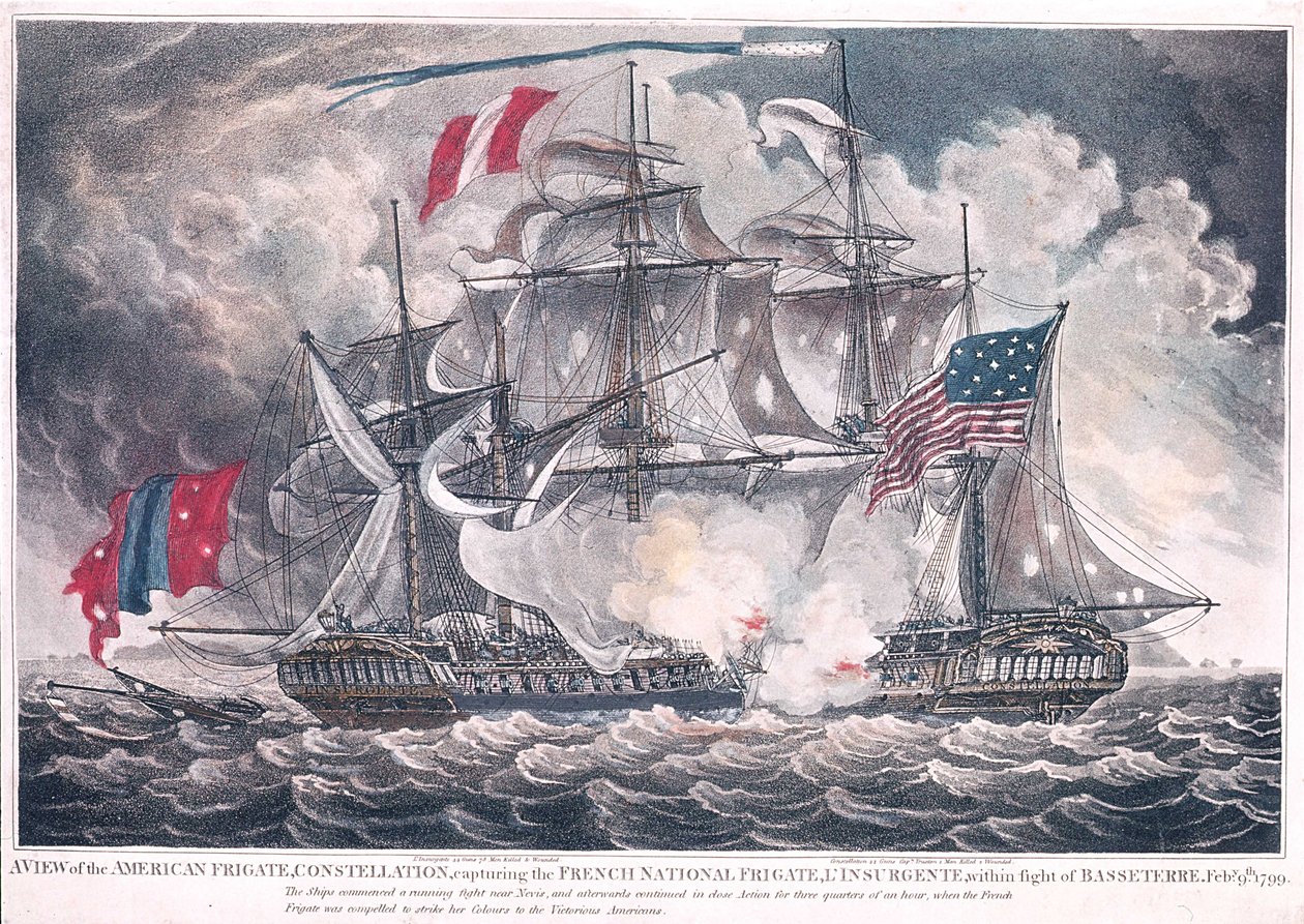US Fregate Constellation vangitsi LInsurgenten Länsi-Intiassa Basseterren taistelussa 9. helmikuuta 1799, julkaistu vuonna 1800 tekijältä American School