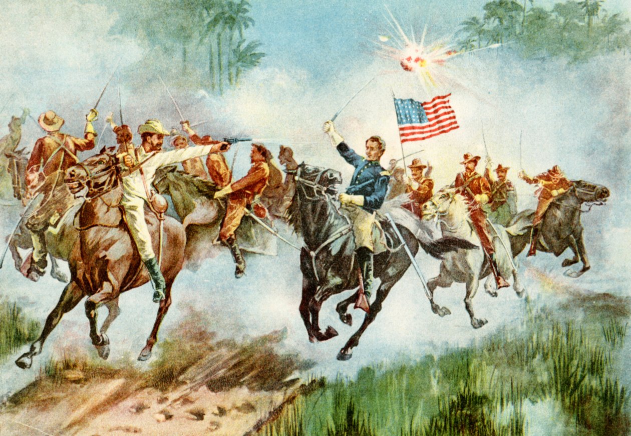 US Rough Riders leimaamassa espanjalaista etuvartiota Kuubassa Espanjan ja Yhdysvaltojen välisen sodan aikana, 1898 tekijältä American School