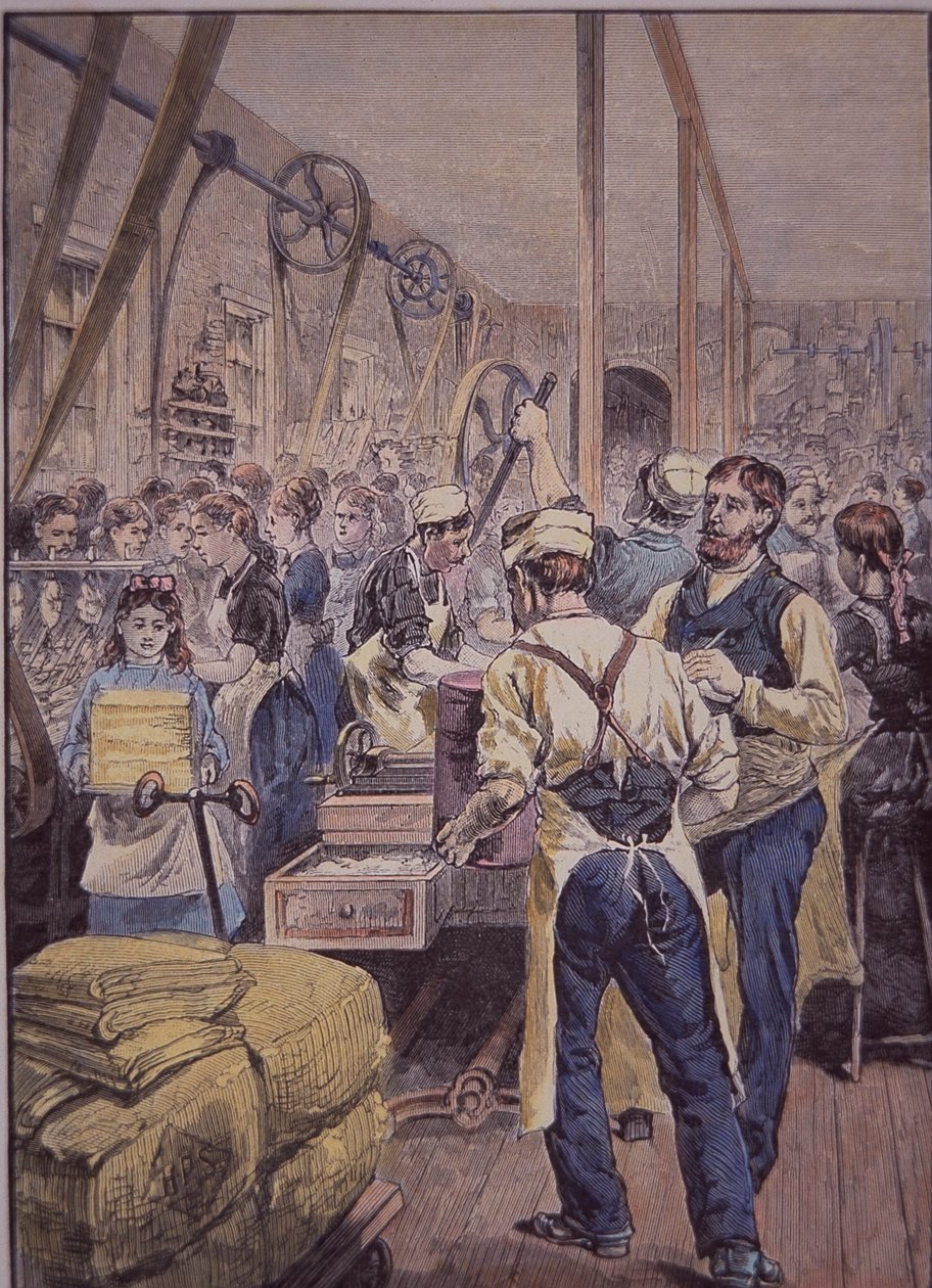 Yhdysvaltain tekstiiliteollisuus, tekstiilitehdas pohjoisessa, n.1870 (värikaiverrus) tekijältä American School