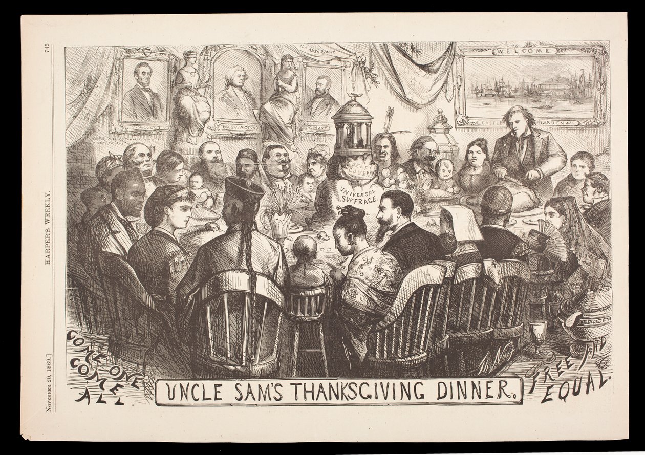Thomas Nastin kaiverrus ”Uncle Sam’s Thanksgiving Dinner”, Harper’s Weekly, 20. marraskuuta tekijältä American School