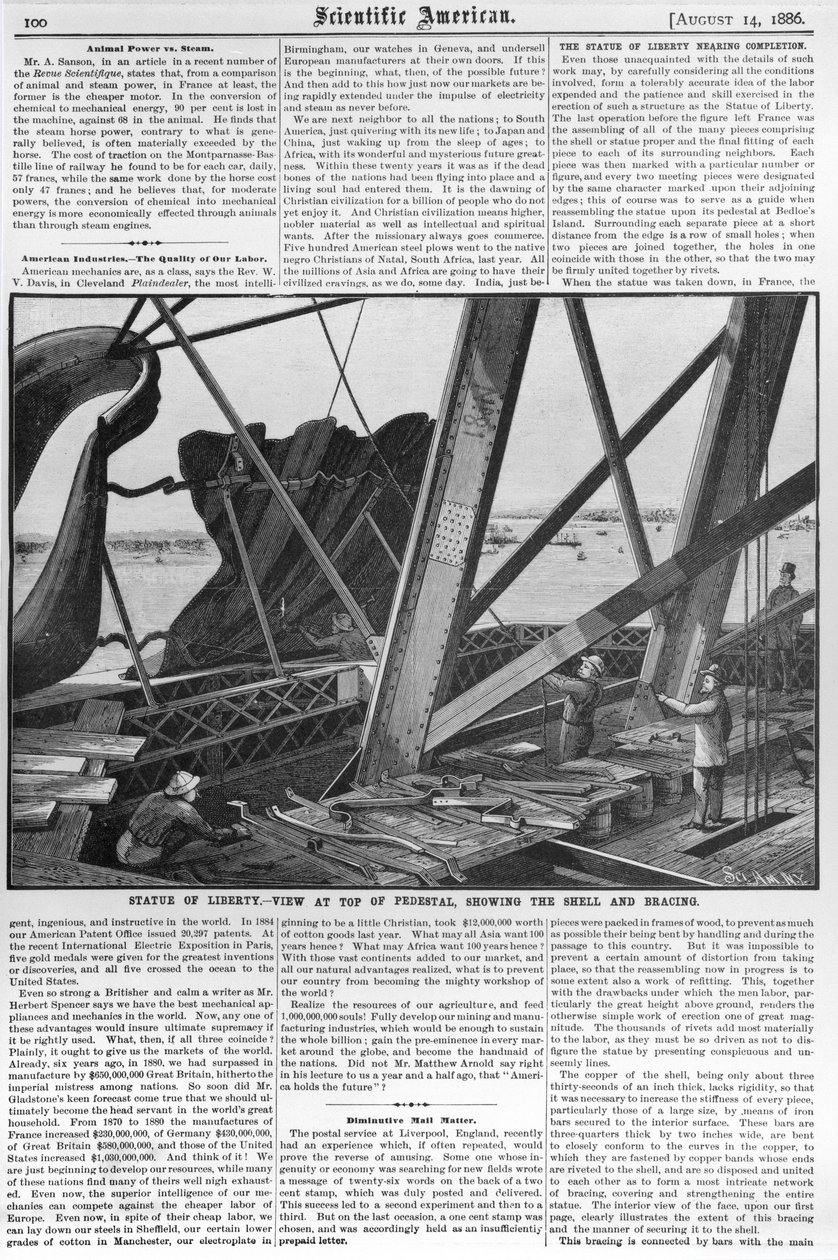 Näkymä Vapaudenpatsaasta, Scientific American, 14. elokuuta 1886 tekijältä American School