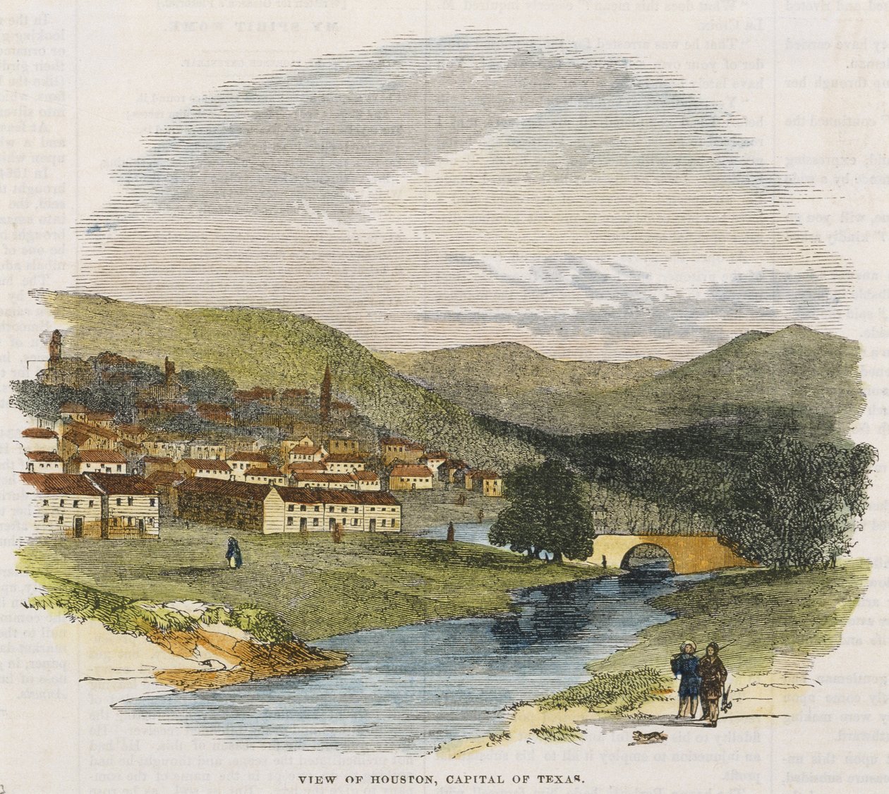 Näkymä Houstoniin, Texasin pääkaupunkiin, n. 1852 (käsinvärinen puukaiverrus) tekijältä American School