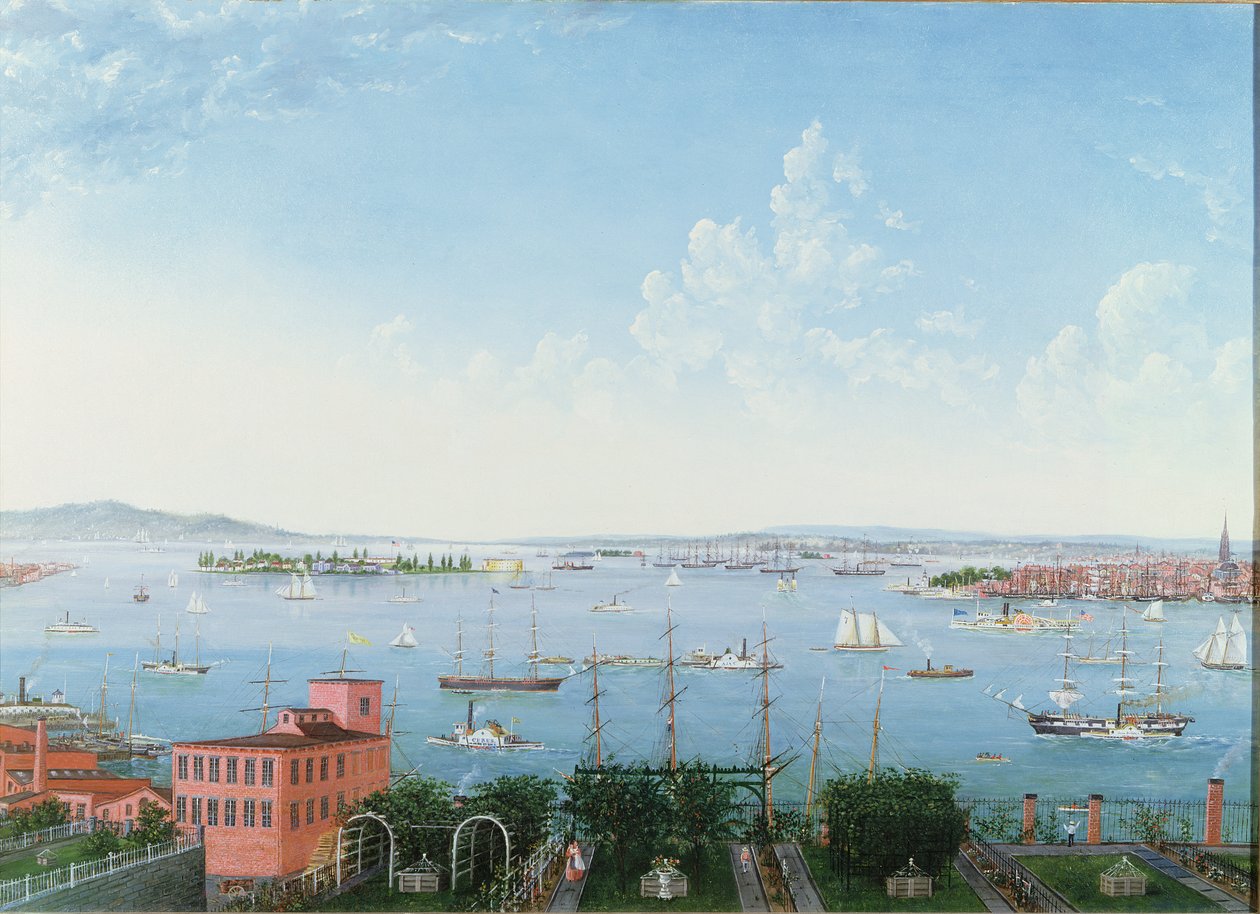 Näkymä New Yorkin satamaan Brooklyn Heightsista, n. 1860 (öljy pellavalle) tekijältä American School
