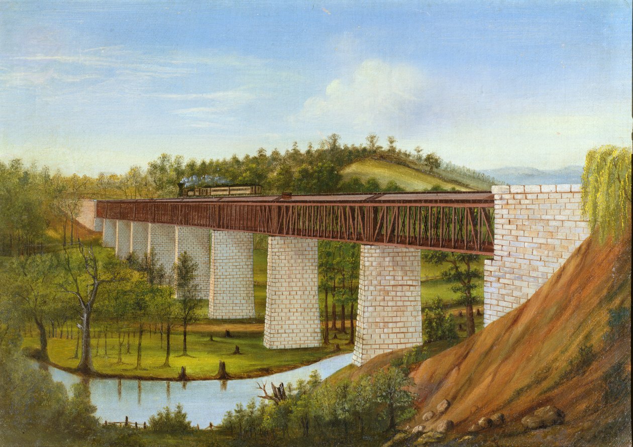 Näkymä katetulle sillalle ja rautatielle, n. 1870 tekijältä American School