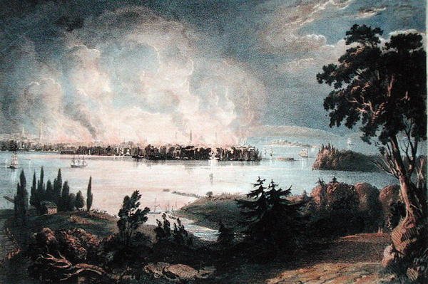 Näkymä New Yorkin kaupungista Weehawkista suuren tulipalon aikana, 16. joulukuuta 1835, kaiverrettu Day ja Haghe (värilitografia). tekijältä American School