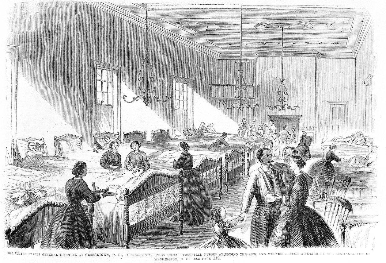 Vapaaehtoiset sairaanhoitajat hoitamassa sairaita Yhdysvaltain yleissairaalassa Georgetownissa, Frank Leslies Illustrated Newspaperista, 6. heinäkuuta 1861 tekijältä American School