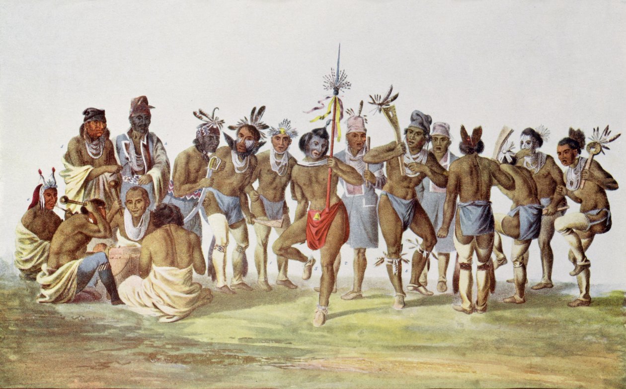 Sauksien ja kettujen sotatanssi, kuvitus teoksesta "The Indian Tribes of North America, Vol.1", Thomas L. McKenney ja James Hall, pub. kirjoittanut John Grant tekijältä American School