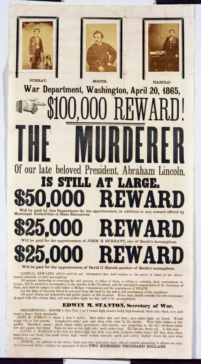 Washingtonin sotaosaston juliste, jossa kerrotaan 100 000 dollarin palkkiosta Abraham Lincolnin murhaajan löytämisestä, 20. huhtikuuta 1865 tekijältä American School