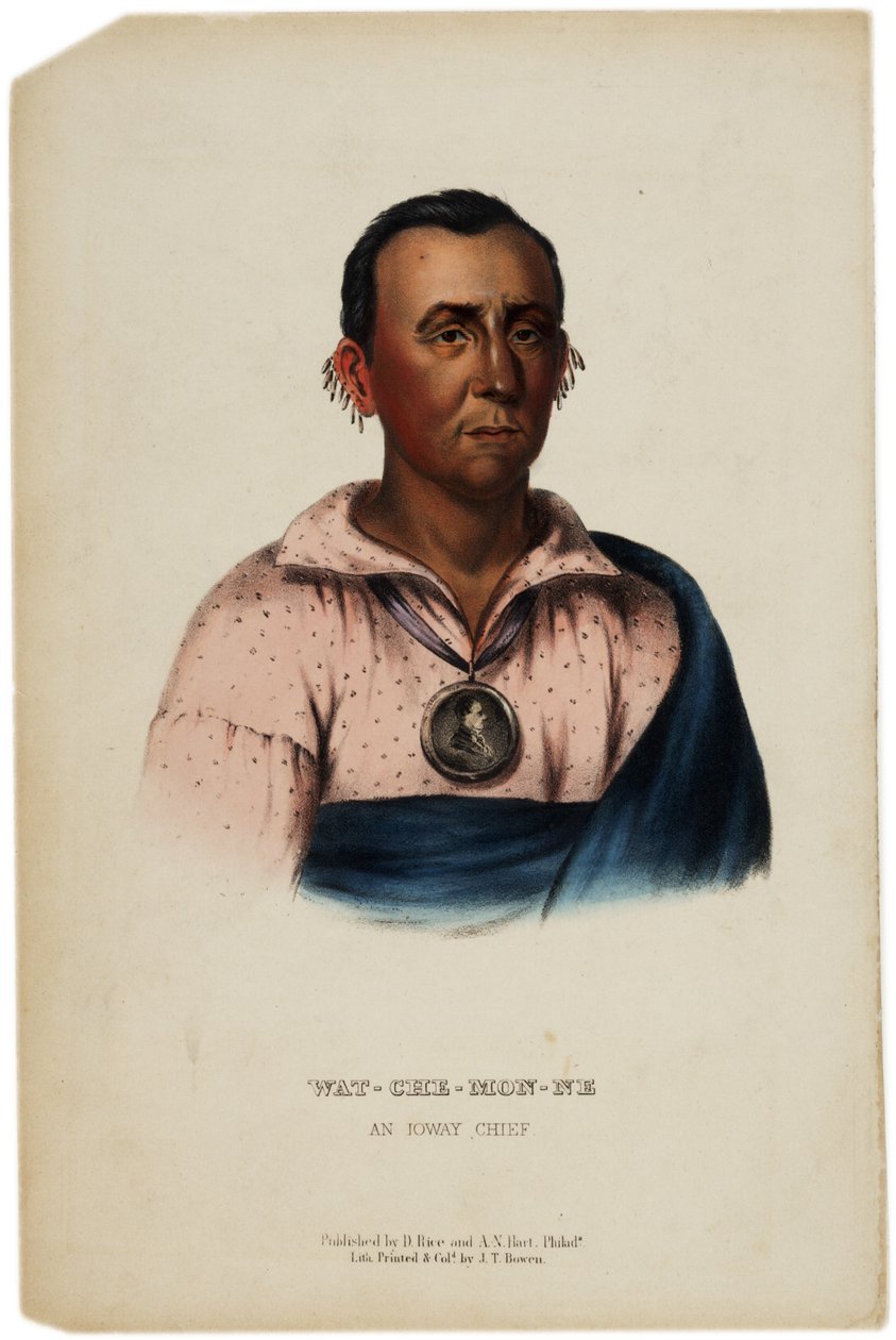Wat-Che-Mon-Ne, Iowayn päällikkö, J. T. Bowenin painatus, kuvitus Thomas L. McKenneyn ja James Hallin teoksesta The History of the Indian Tribes of North America, n. 1842-70 tekijältä American School