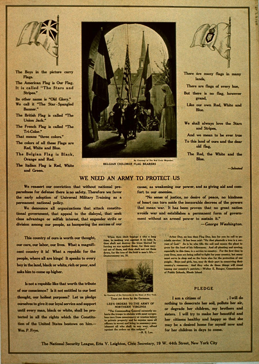 Tarvitsemme armeijan suojelemaan meitä, Kansallisen turvallisuusliiton propagandalehtinen, n. 1914-1818 tekijältä American School