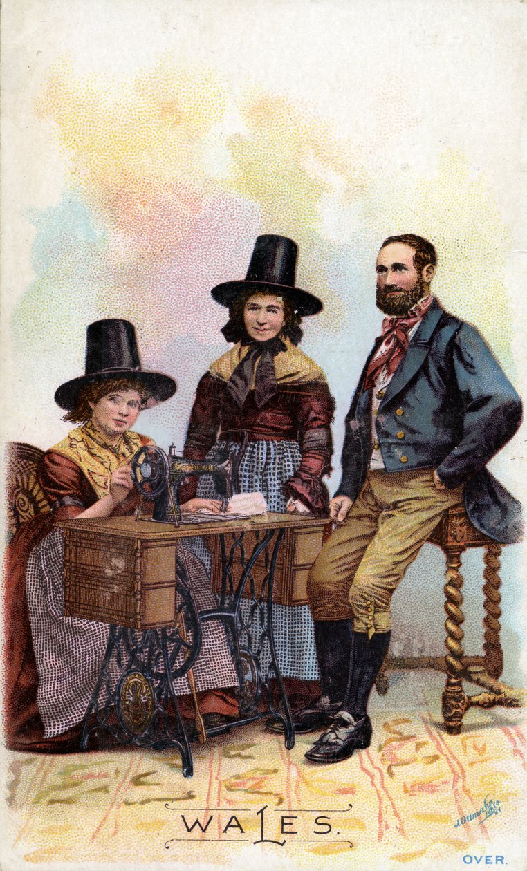 Walesin perhe kokoontui Singer-ompelukoneen ympärille, n. 1893 tekijältä American School