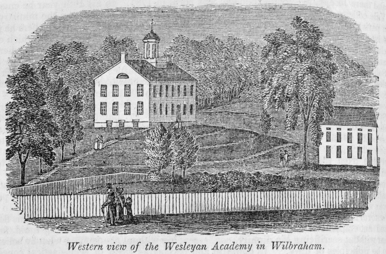 Länsinäkymä Wilbrahamin Wesleyan-akatemiasta, "Massachusettsin historialliset kokoelmat", John Warner Barber, 1839 (kaiverrus) tekijältä American School