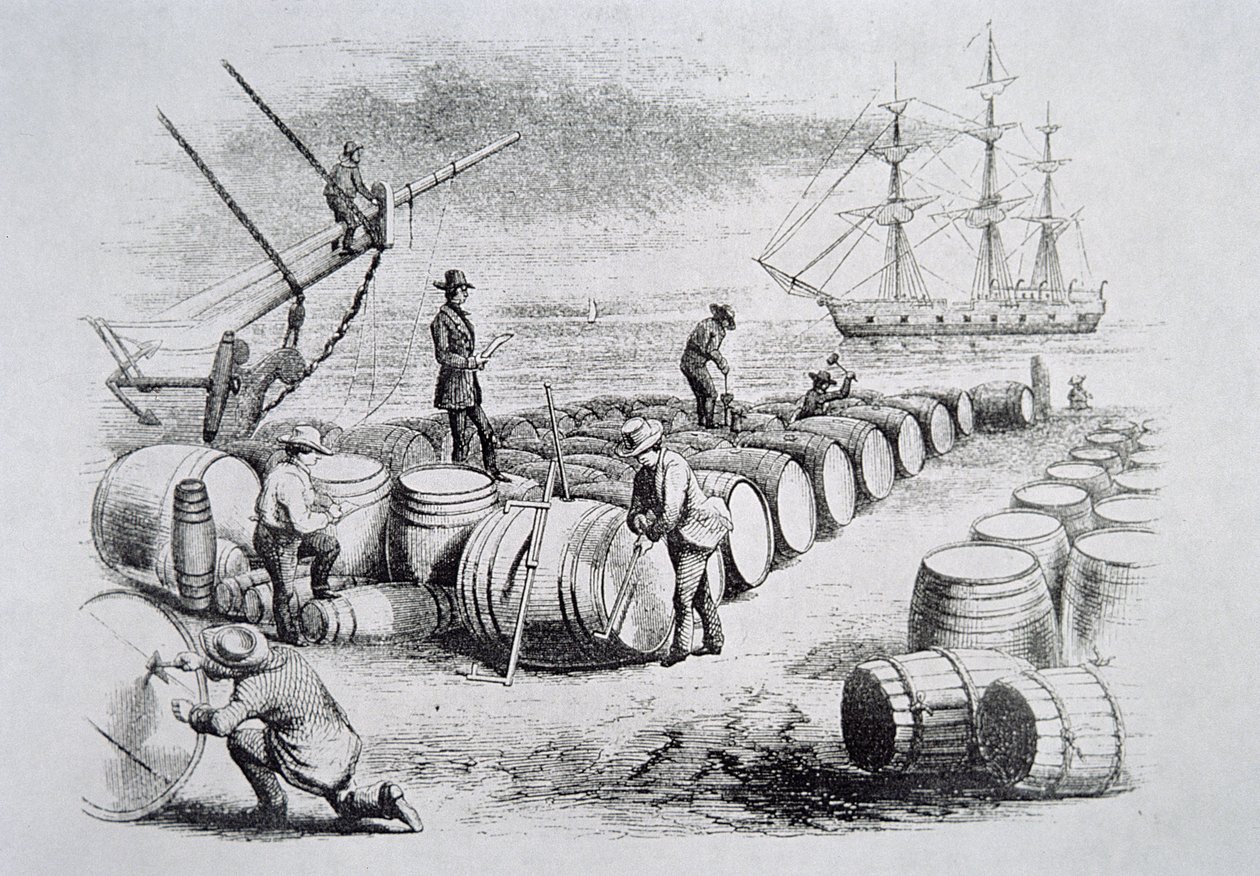 Valaanpyytäjät mittaavat öljyä tynnyreissä, The American Whale Fishery, n. 1850 (kaiverrus) tekijältä American School