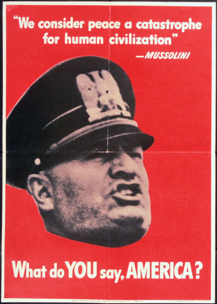 "Mitä sinä sanot AMERIKA?", Yhdysvaltain toisen maailmansodan juliste Mussolinin kasvoilla, Anon, n. 1942 tekijältä American School