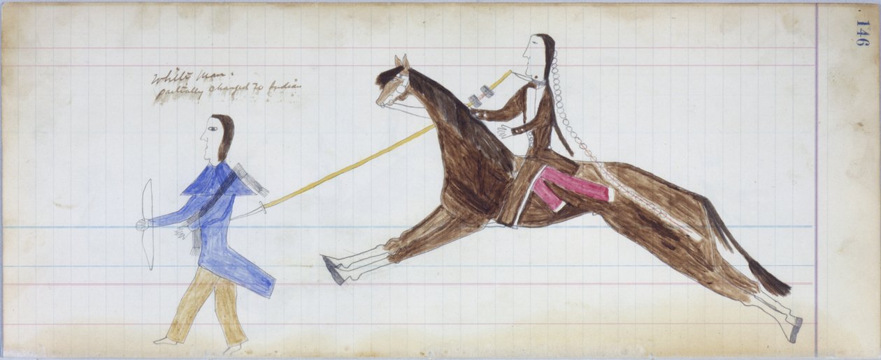 Valkoinen mies muutettu osittain intialaiseksi, kuvitus Black Horse Ledgeristä, 1877-79 (kynä ja värikynä paperilla) tekijältä American School