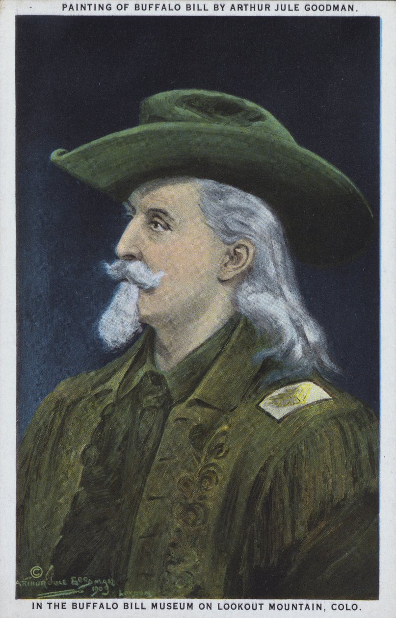 William "Buffalo Bill" Cody, yhdysvaltalainen partiolainen, puhvelinmetsästäjä ja showmies (värilitografia) tekijältä American School