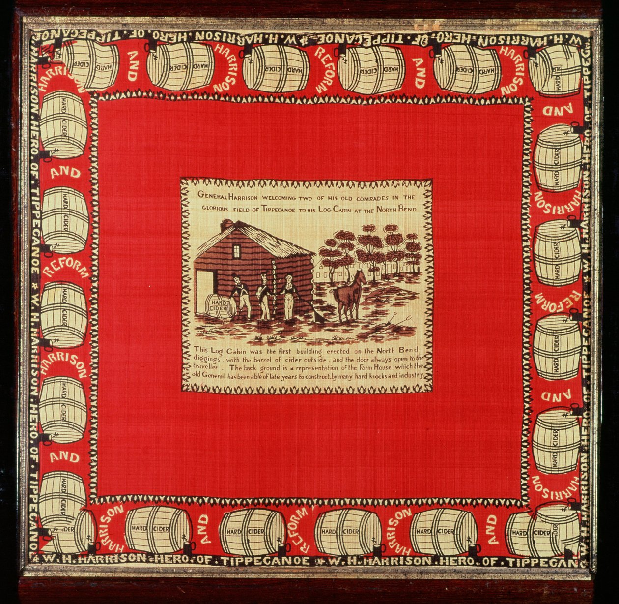 William Henry Harrison toivottaa tervetulleeksi kaksi vanhaa toveria Hirsimökissä, 1840 (silkki) tekijältä American School