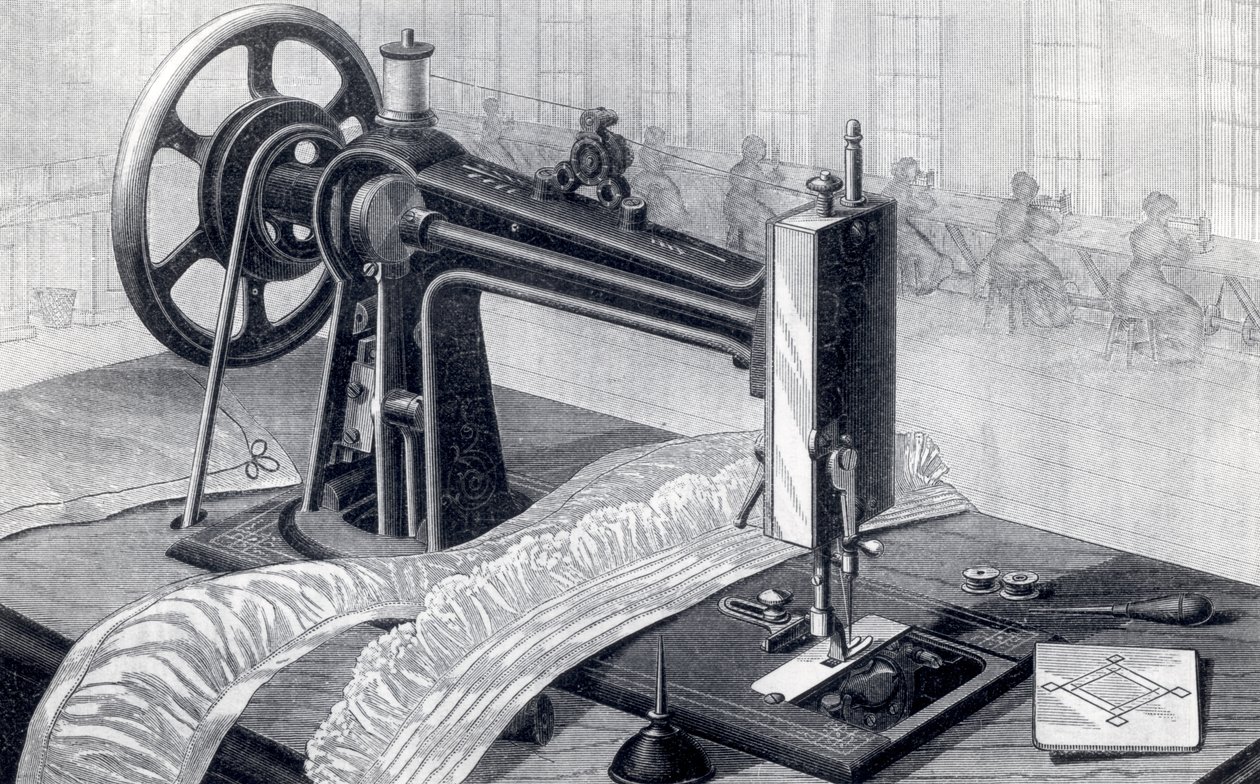 Wilsonin ompelukone, jossa on hihnakäyttö polkimesta ja öljykannusta, Park Benjamin Appletons Cyclopedia of Applied Machines, julkaistu 1880 tekijältä American School