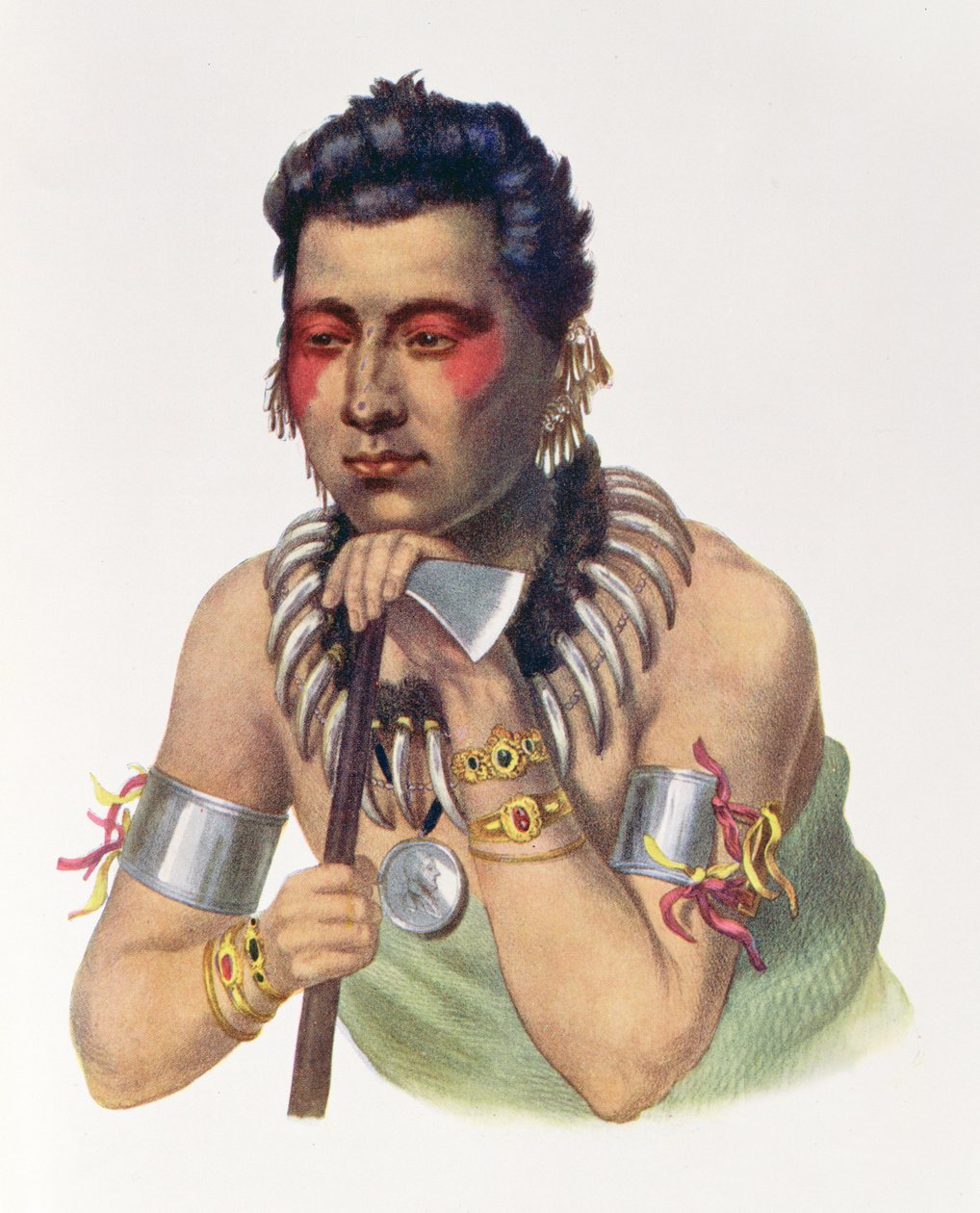 Nuori Ma-Has-Ka, Iowan päällikkö, 1837, kuvitus teoksesta "The Indian Tribes of North America, Vol.1", kirjoittaneet Thomas L. McKenney ja James Hall, pub. kirjoittanut John Grant tekijältä American School