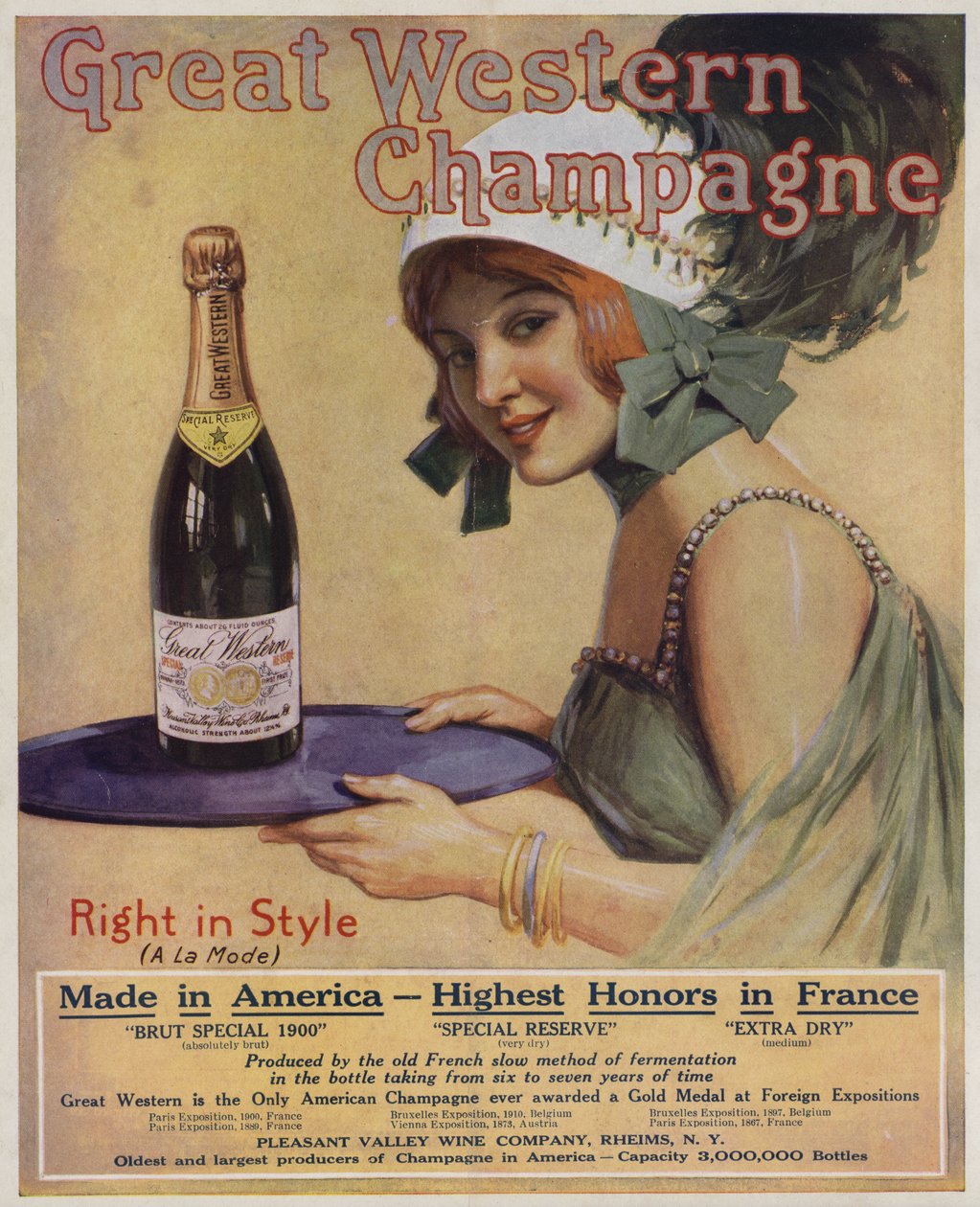 Nuori nainen samppanjapullon kanssa, Great Western Champagne -yhtiön mainos (värilitografia). tekijältä American School