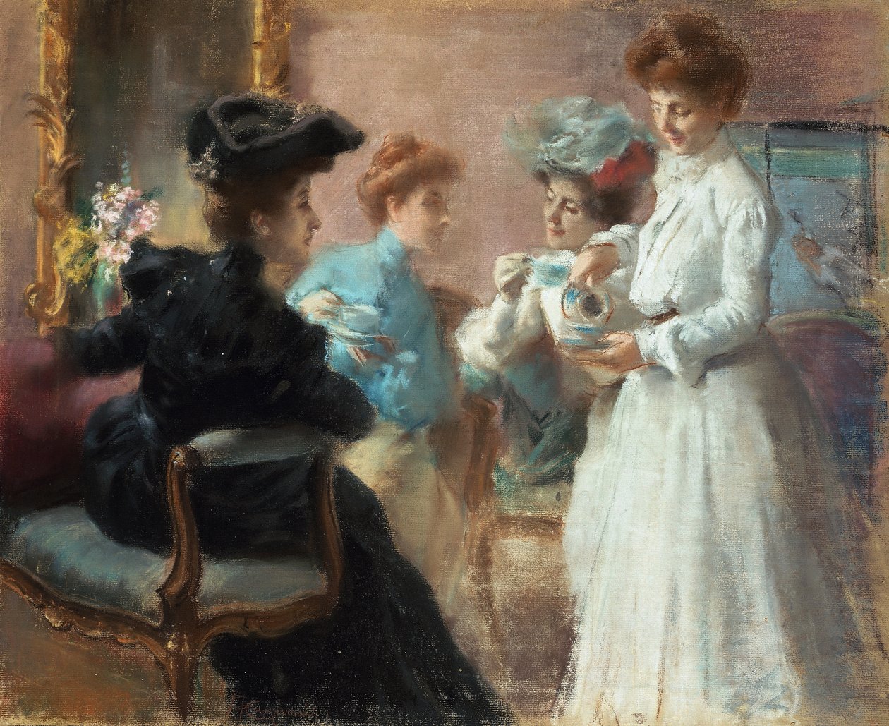 Teeaika olohuoneessani Via Senatolla, kirjoittanut Amerino Cagnoni (1853-1923), pastelli kankaalle kiinnitettynä paperille, 48x56,5 cm tekijältä Amerino Cagnoni