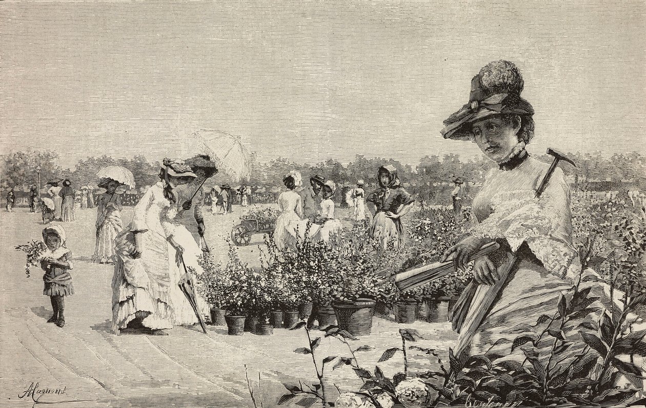 Naiset kävelemässä Brerassa, Milanossa, Italiassa, kaiverrus Amerino Cagnonin (1853-1923) Maggio (toukokuu) -maalauksesta, L