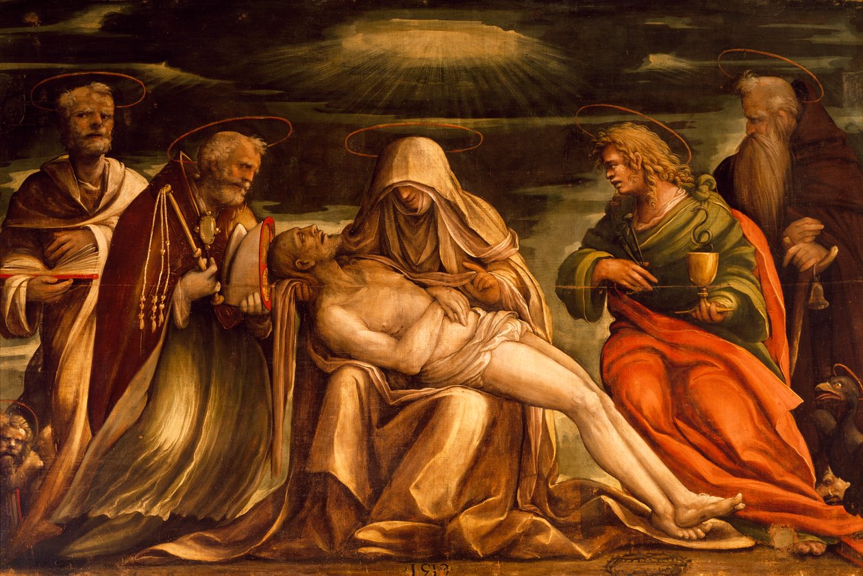 Pieta pyhien Markuksen, Ambroseen, Johannes evankelistan ja Antonio Abaten välillä, Amico Aspertini (1474 tai 1475-1552), tempera kankaalle tekijältä Amico Aspertini