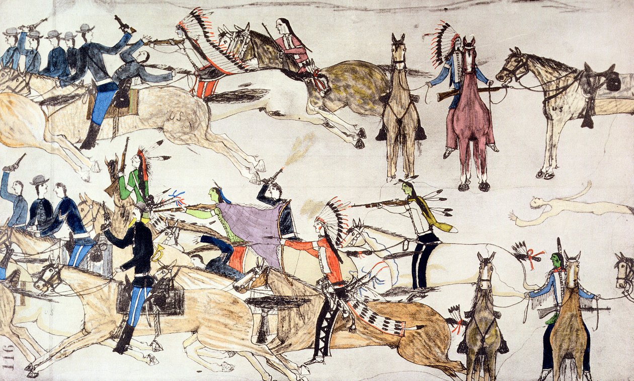 Little Bighornin taistelu, Montana, USA, 25.-26. kesäkuuta 1876 c1900 tekijältä Amos Bad Heart Buffalo