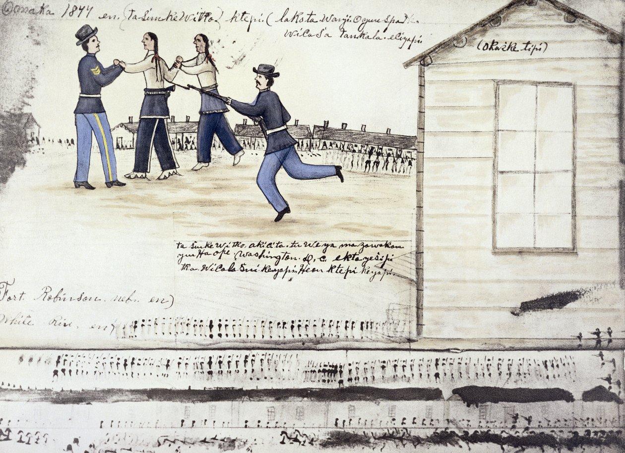 Crazy Horsen (n. 1842-77) kuolema vuonna 1877, Fort Robinson, Nebraska (muste paperille) tekijältä Amos Bad Heart Buffalo