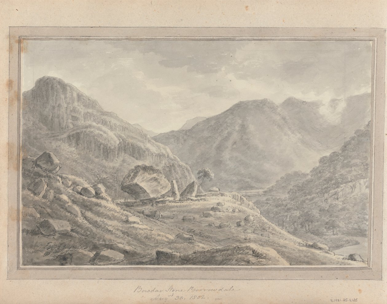 Näkymät Englannissa, Skotlannissa ja Walesissa: Bowder Stone Borrowdale, 30. elokuuta 1802 tekijältä Amos Green