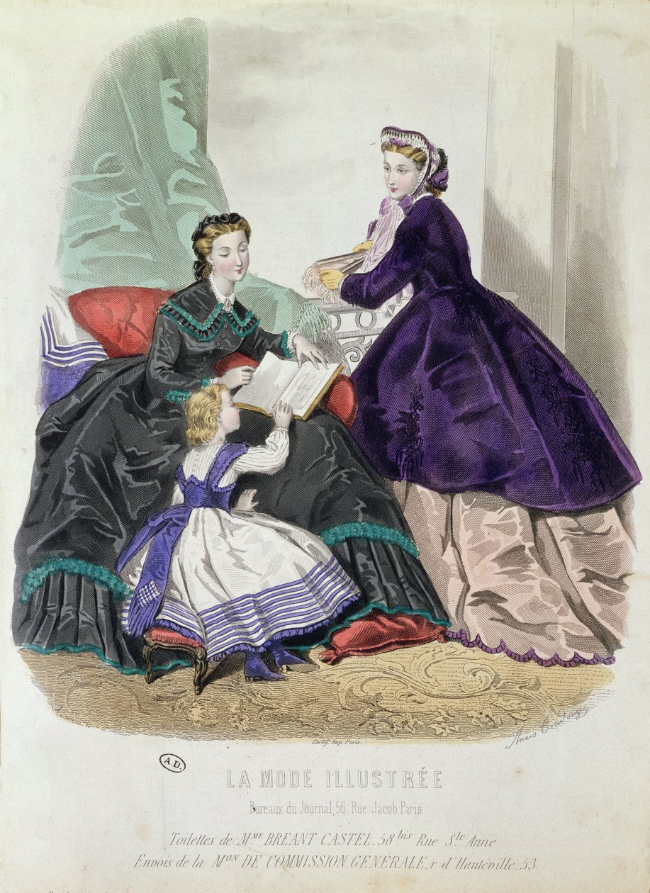 Muotikilpi, jossa näkyy Madame Breant-Castelin suunnittelemia vaatteita, La Mode Illustree, 1864 (värikaiverrus) tekijältä Anais Toudouze