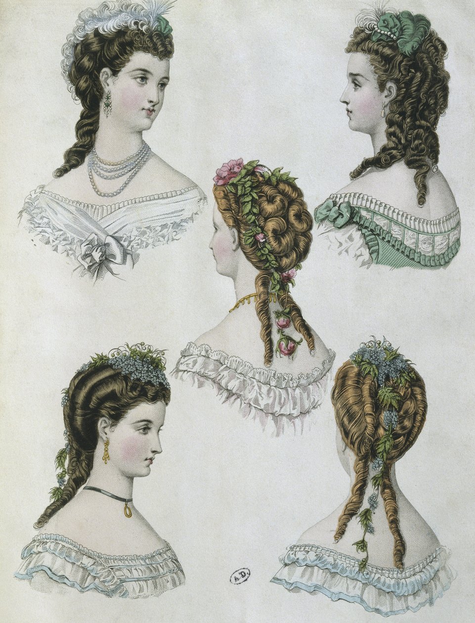 Hiustyylit, kuvitus "La Mode illustree", 1860 (värikaiverrus) tekijältä Anais Toudouze