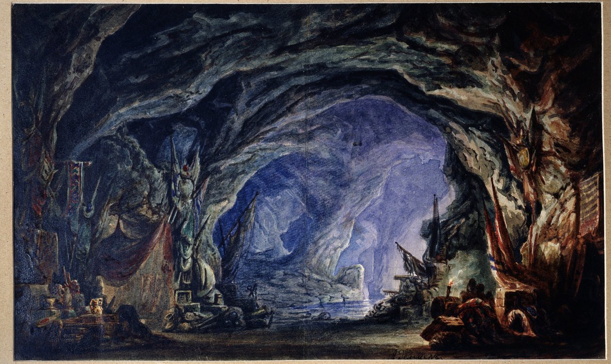 Adolphe Adamin (1803-1856) Le Corsaire -baletin valmisteleva sisustus (A. Adamin balettikorsaarin lavastus). Korsaarien luola, jonne pääsee meritse, jonne he keräävät saaliinsa ja kaikenlaisia ​​palkintoja (liinat, astiat, aseita). vai niin tekijältä Anatoli Fedorovich Geltser