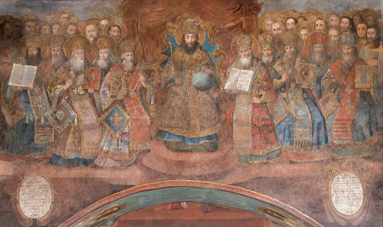 Nikean ensimmäinen kirkolliskokous tekijältä Ancient Russian frescos