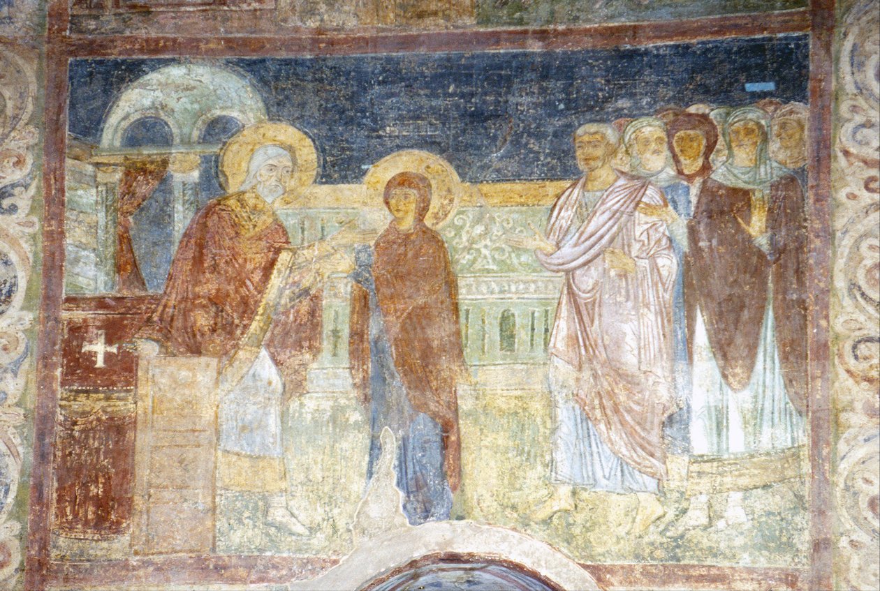 Neitsyt vastaanottamassa purppuraa ja kokinellia tekijältä Ancient Russian frescos