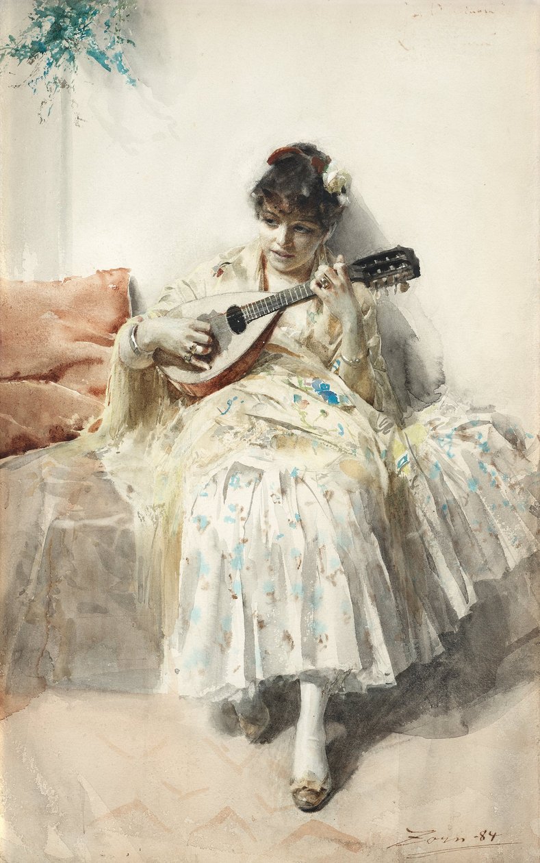 Tyttö soittaa mandoliinia tekijältä Anders Leonard Zorn