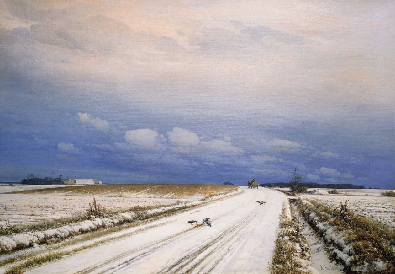 Talvimaisema hevosen ja kärryjen kanssa, tekijältä Anders Andersen Lundby